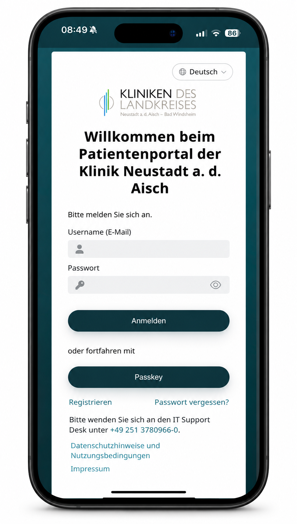 Patientenportal Smartphone mit der Anmeldeseite des Patientenportals